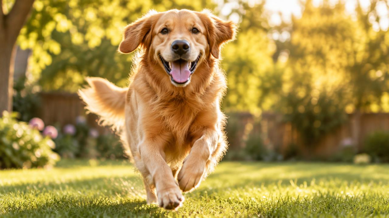 Golden retriever named Biscuit running across a sunny backyard