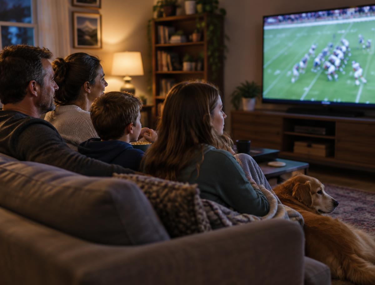 A family of four and their dog watching a football game together on the couch